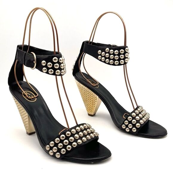 Ash Shoes - ASH Gold Studded Black Leather Ankle Cuff Heeled Strappy Sandals Size 38 | US 7